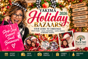 Pop-Up Peach Procrastination Bazaar flyer for Christmas craft shopping in Yakima Washington on December 12 2026